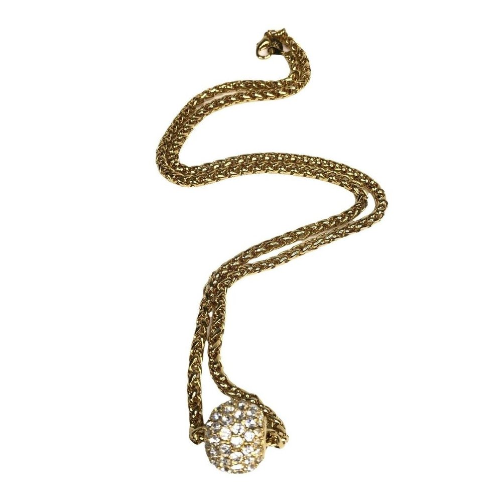 JOAN RIVERS Signed Crystal Ball Pendant Gold Tone Long Necklace 28"
